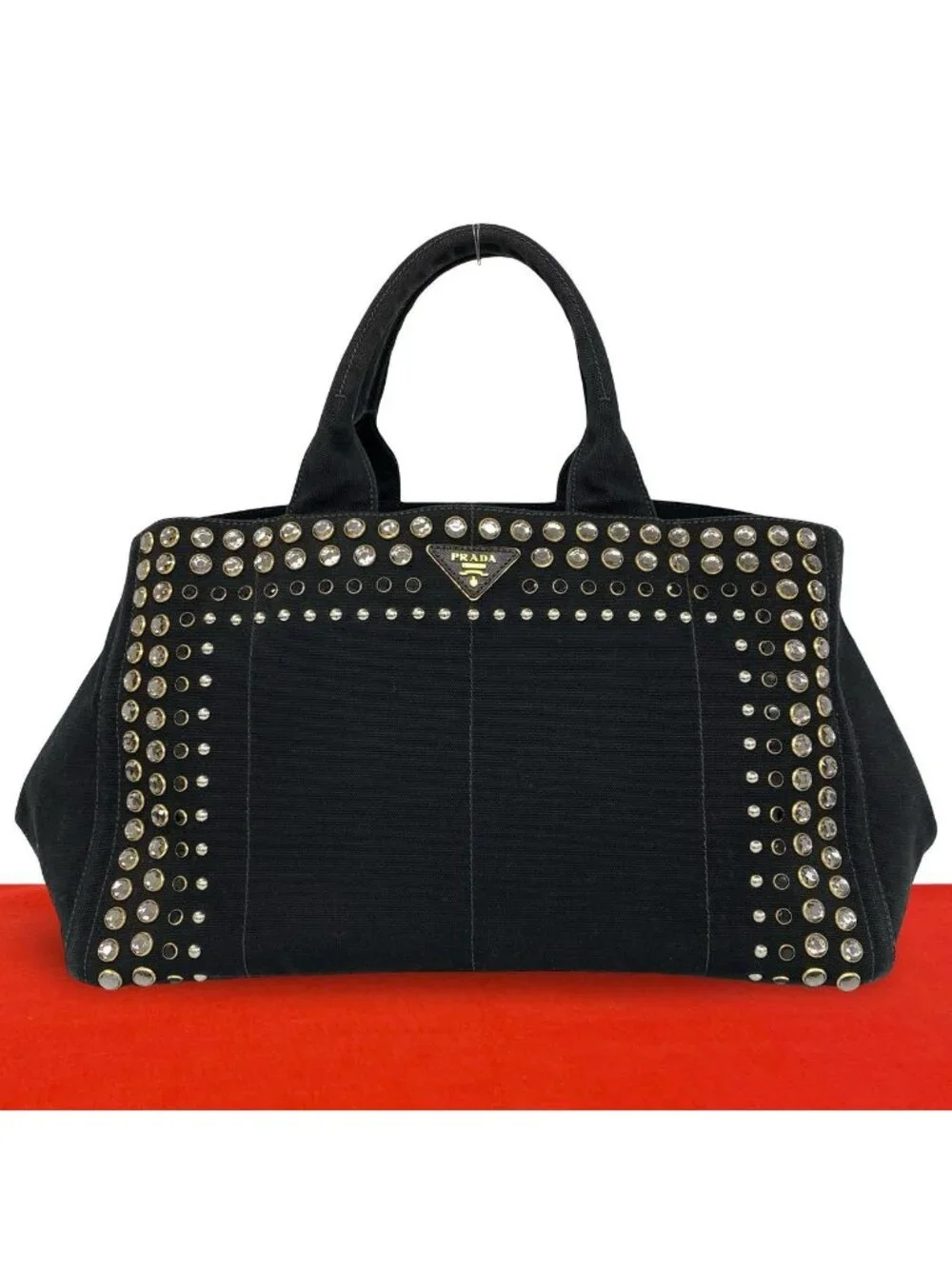 Prada Canapa Triangle Logo Canvas Saffiano Leather Studs Tote Handbag Black